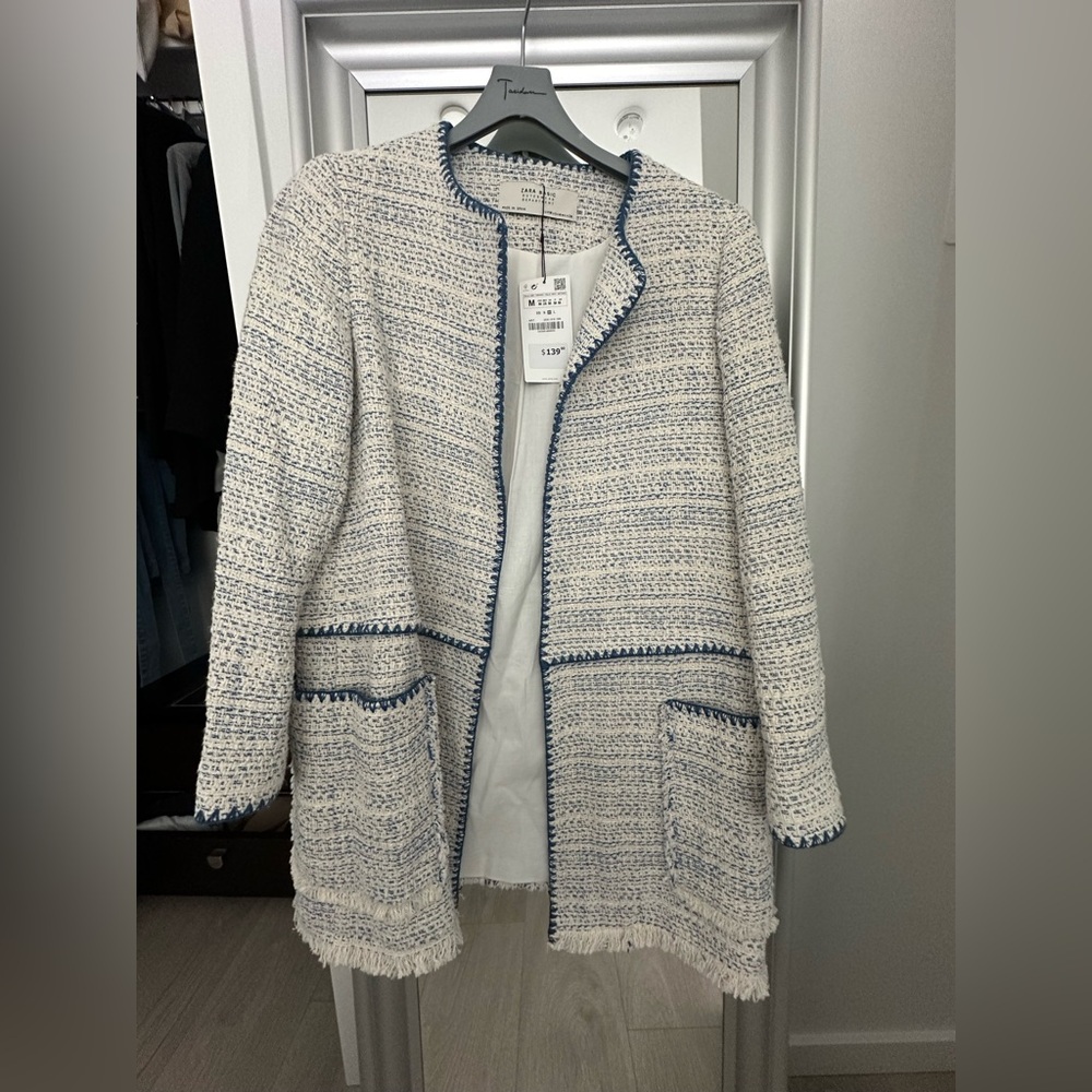 Zara White & Blue Tweed Open Front Coatigan